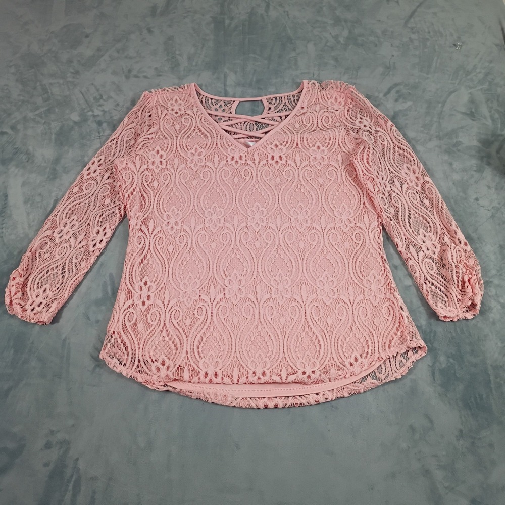 No Boundaries Pink Lace V-Neck Strappy Lattice Top XL 15-17 Boho Blouse
